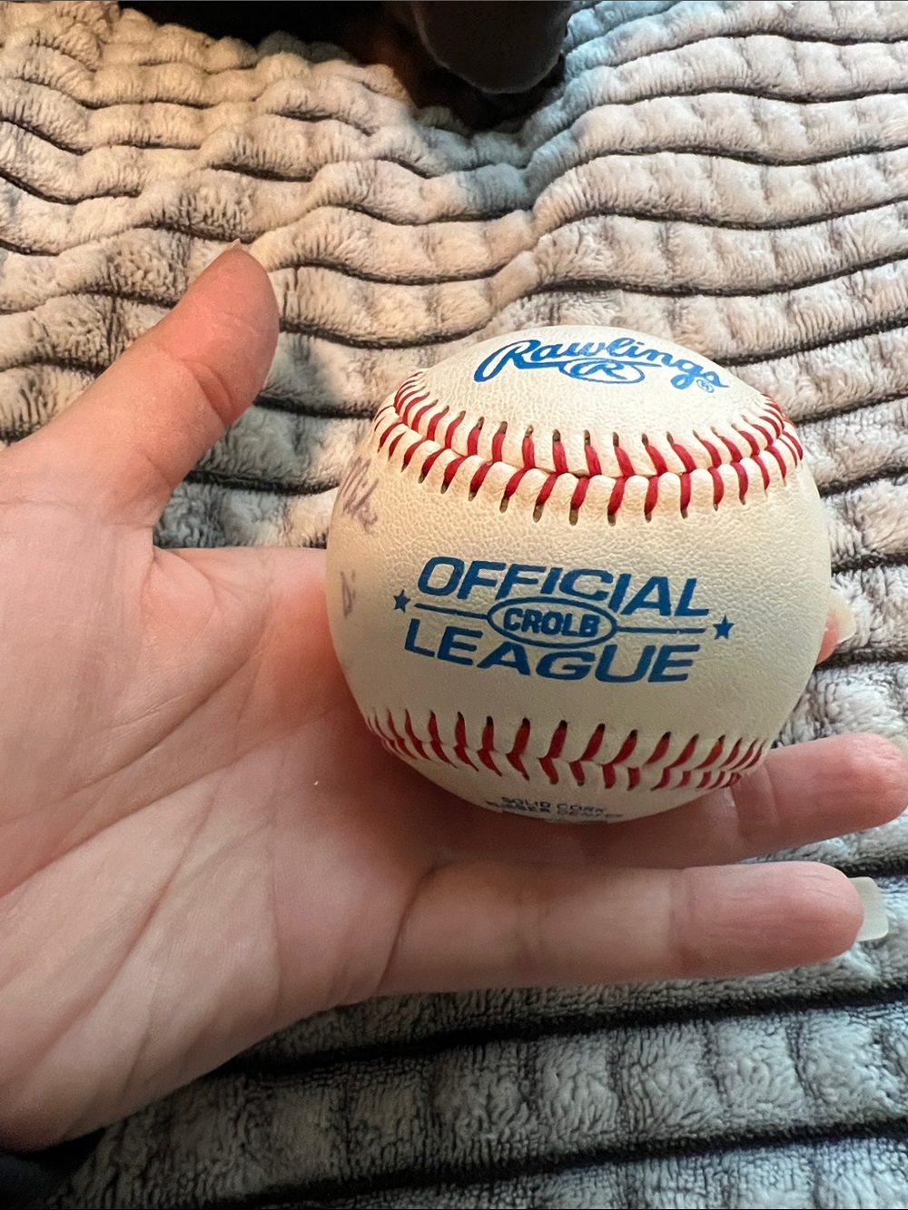Rawlings White Baseball with Red Stitching and Blue Logo